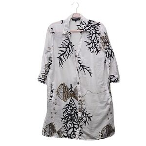 Club Z Collection White Cotton Fish Coral Button Up Shirt Dress‎ M Swim Cover Up